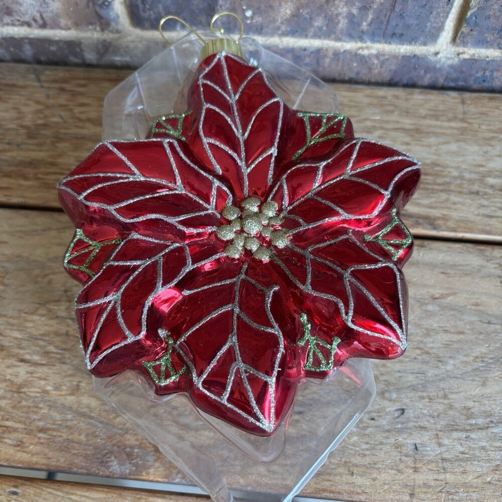 Jumbo Shatterproof Christmas Ornament Poinsettia 8.5”x7.5”